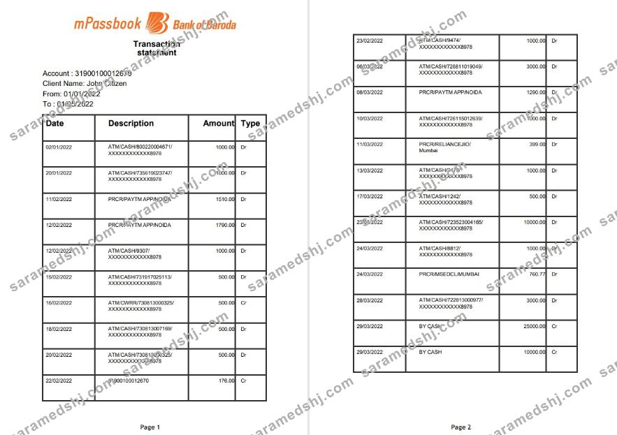 India Bank of Baroda mPassbook bank transaction statement, 4 pages
